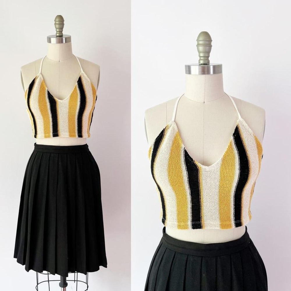 Zara Halter Top Yellow Black White Striped Knit Cropped V-Neck S